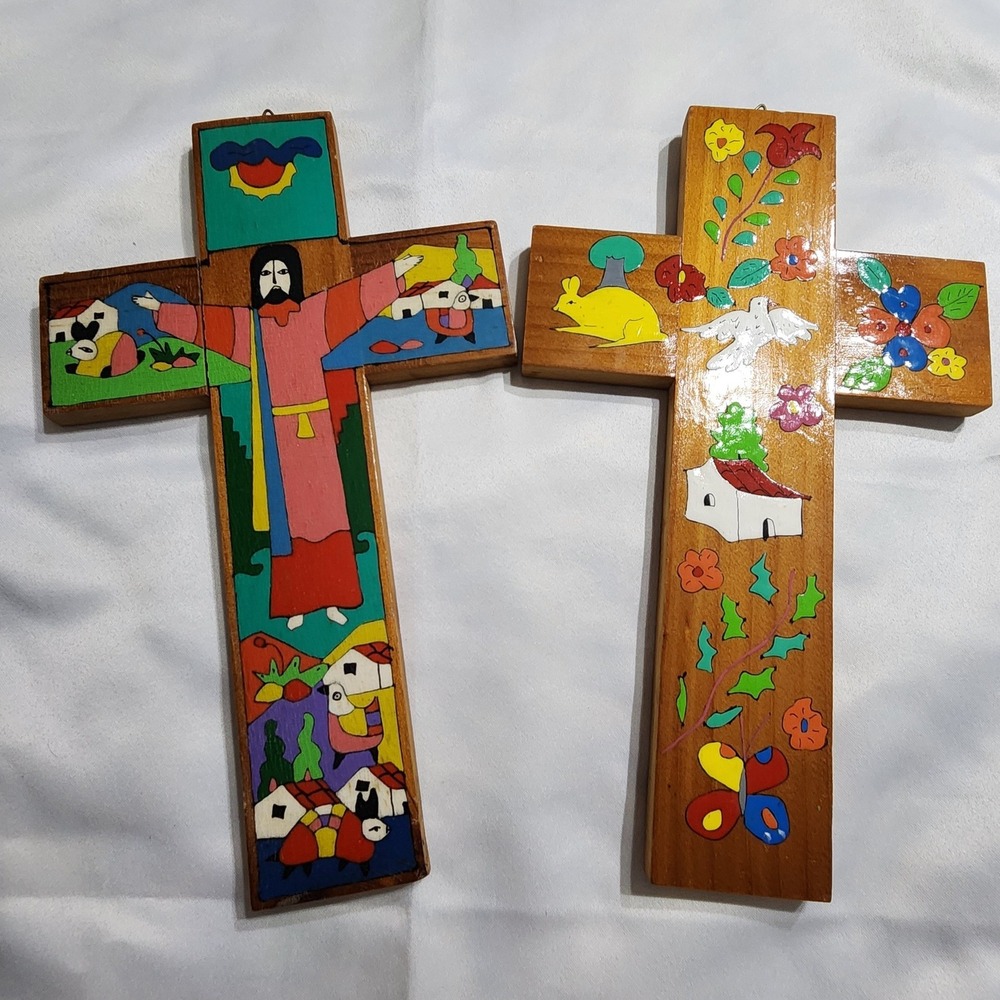 Vintage El Salvador Hand Painted Wood Cross Set La Palma Folk Art Jesus Dove 12"